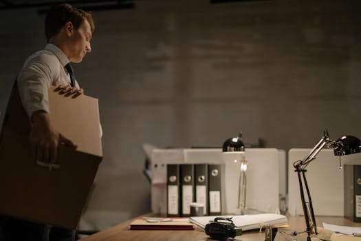 Cómo calcular las cesantías en Colombia: guía completa para trabajadores y empleadores 2 Businessman stands at desk packing documents in a dimly lit office setting.